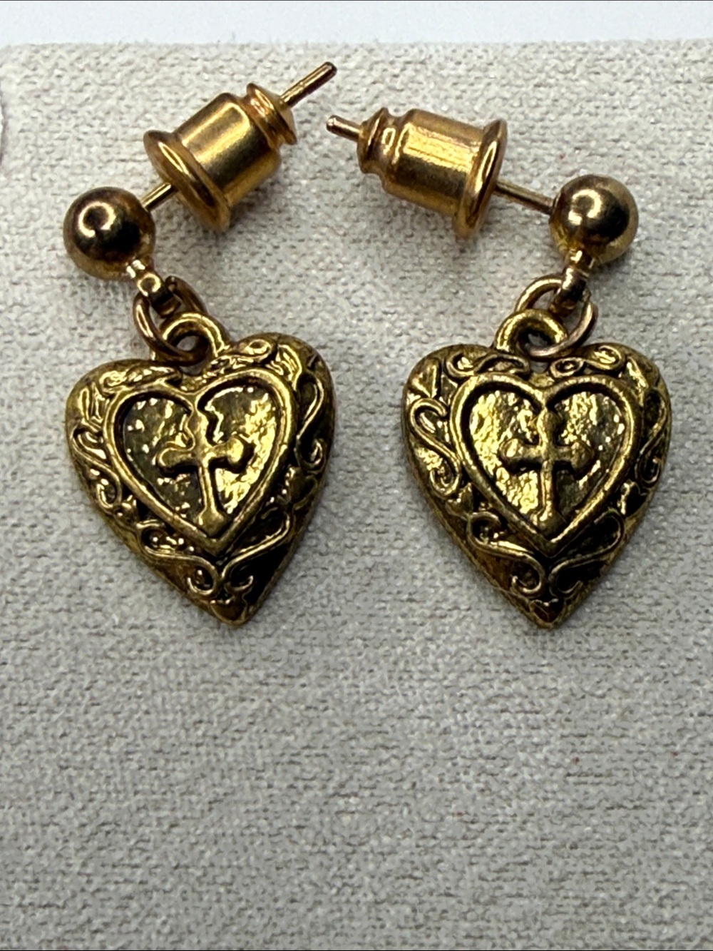 Vintage tiny brass dangle drop dainty charm earrings hearts and crosses